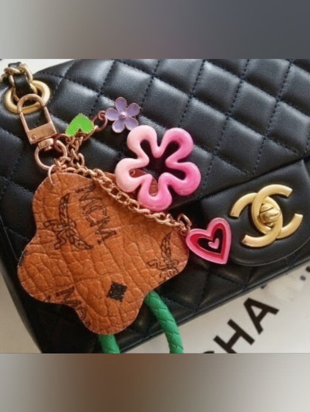 MCM Brown Leather Flower Keychain with Pink Flower Charms Designer Bag Charm